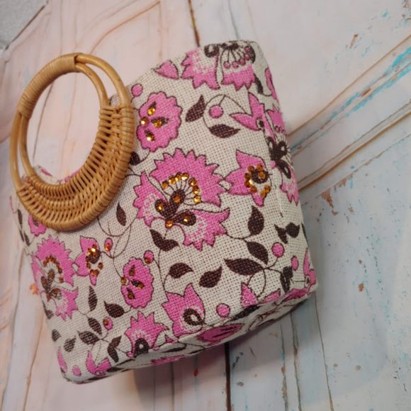 *no tag VINTAGE style purse handbag w burlap texture rattan handle pink & cream - Picture 9 of 16